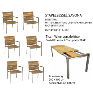 Set Angebot Auszugs-Tisch L/B 200/300 x 100 + 6 Sessel SAVONA